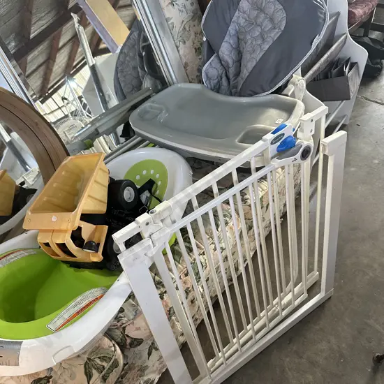 Kiddy chair, bath , toy and gates (as is)