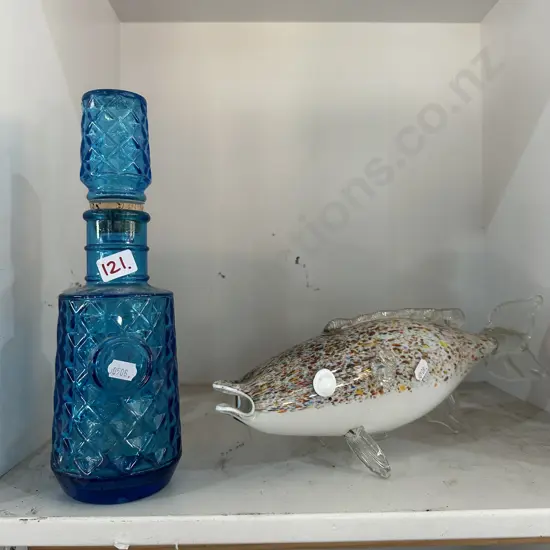 Vintage English glass bottle and art glass trout
