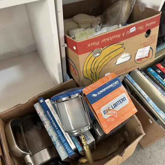 2 box dolls cloths, new gas lantern , recipe books