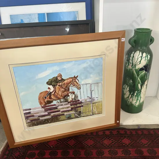 Oil painting equestrian plus damaged early floor vase