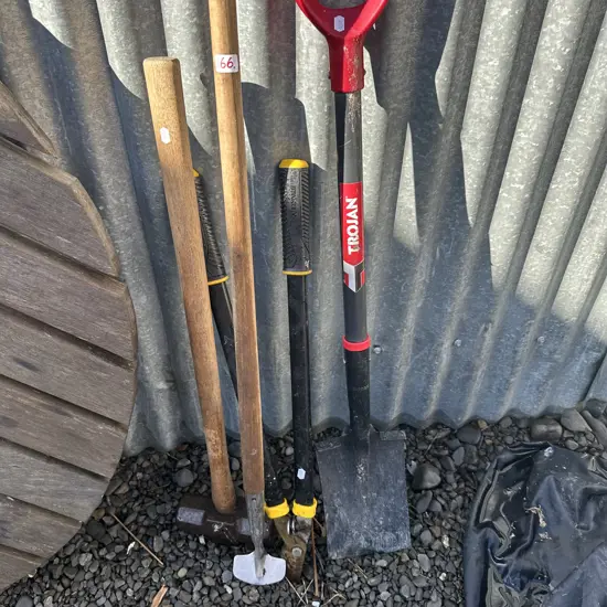 Sledge hammer and 3 garden tools