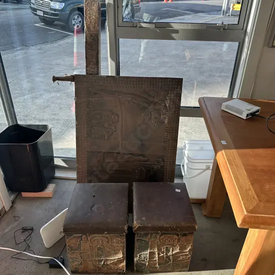 Brass coal boxes and fire screen missing leg