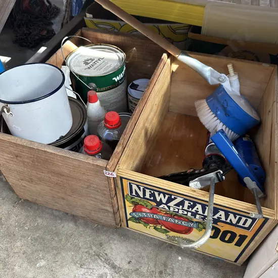 2 wooden boxes, stain etc