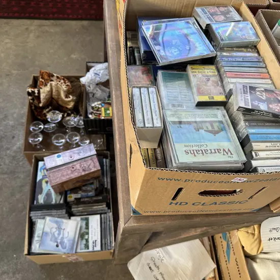 2 box CDs, tapes, VHS