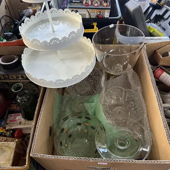 Cake stand, glass vases etc