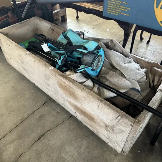 Large wooden planter, broom etc