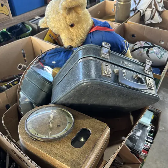 Clock, mirror, flagons, teddy