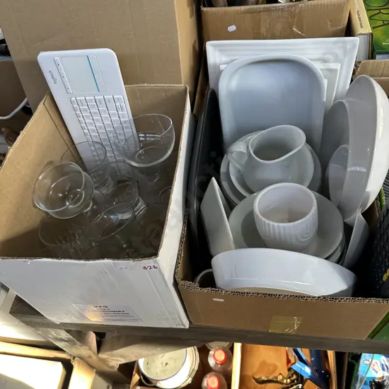 2 box pottery, keyboard etc