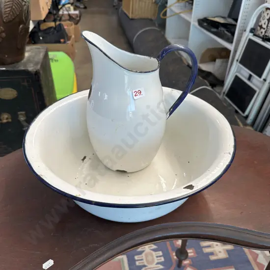 Enamel wash jug and bowl