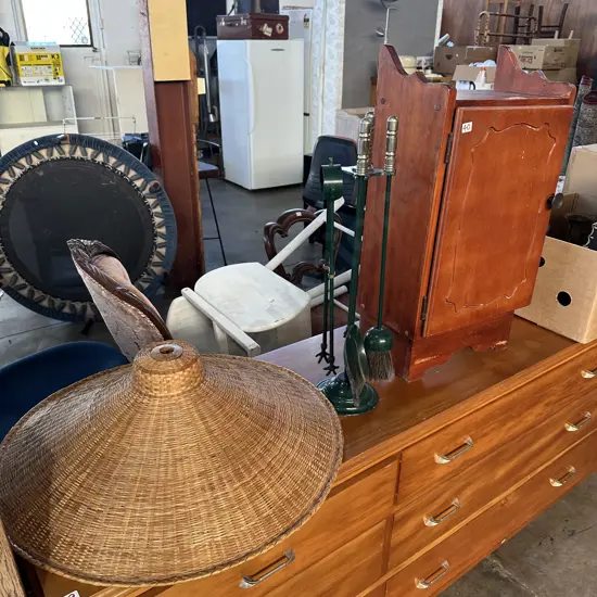 Cabinet, fire tools and shade