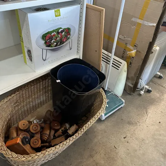 Basket of toys, carpet sweep, heater etc