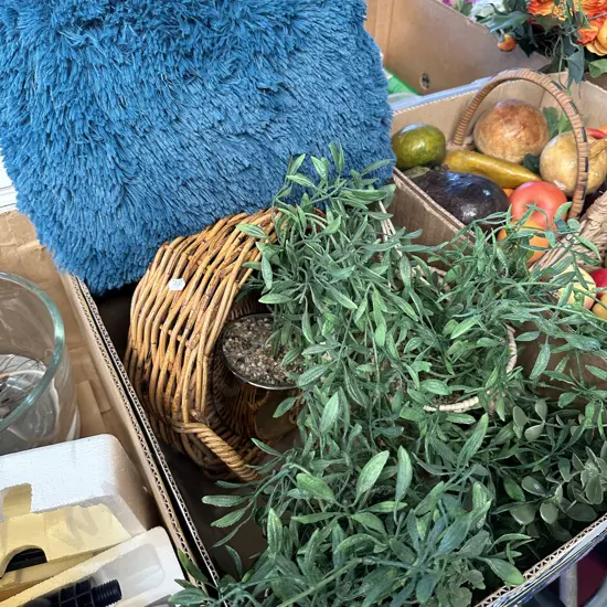 Potted fake plants, basket and cushion