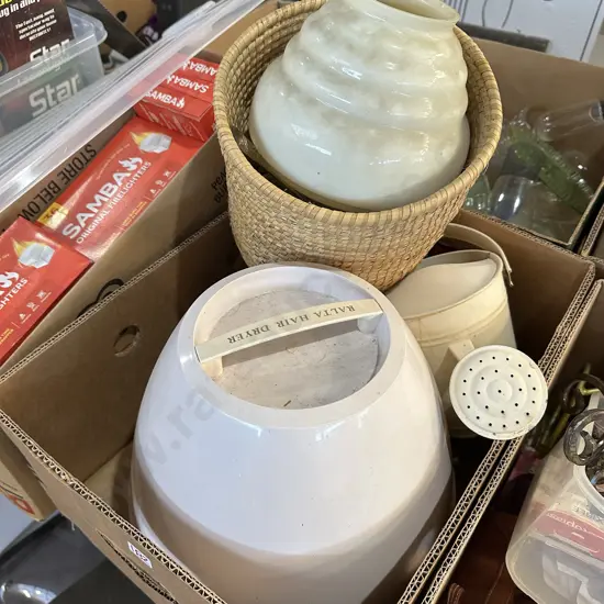 Hair dryer, water can , deco light fitting