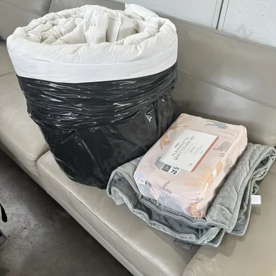 Queen size feather topper excellent cond. little use, quilt cover set(new) and throw