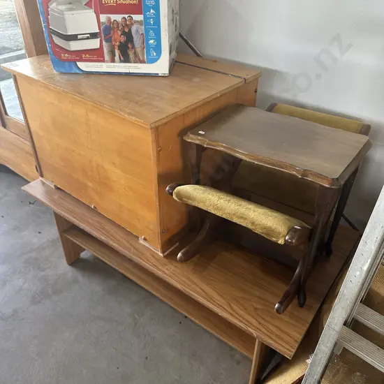 toy box, foot rocker, side table