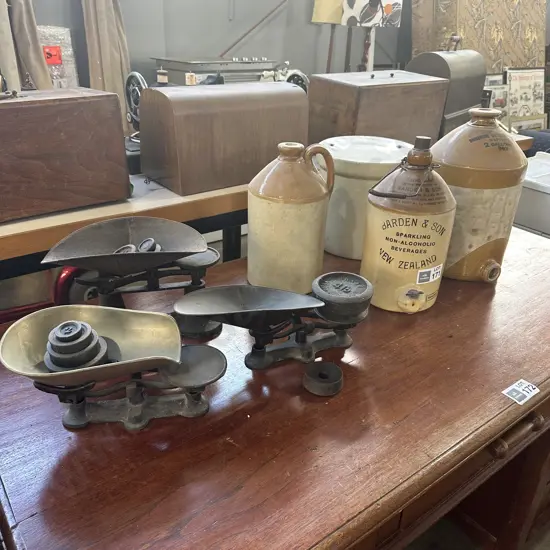 4 stone crocks (some damage) and 3 sets scales