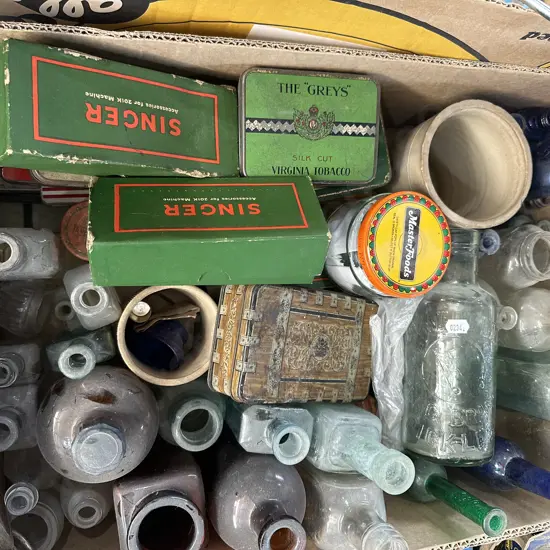 small bottles, singer sewer parts etc