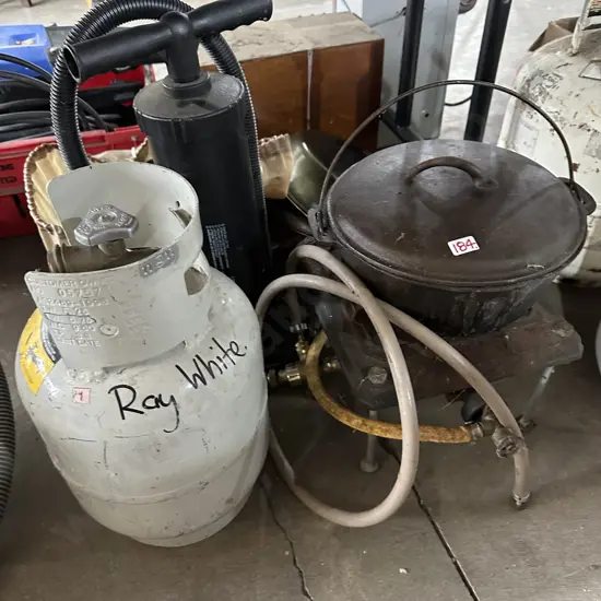 Camping cast iron pot, cooker, bottle and pans, pump