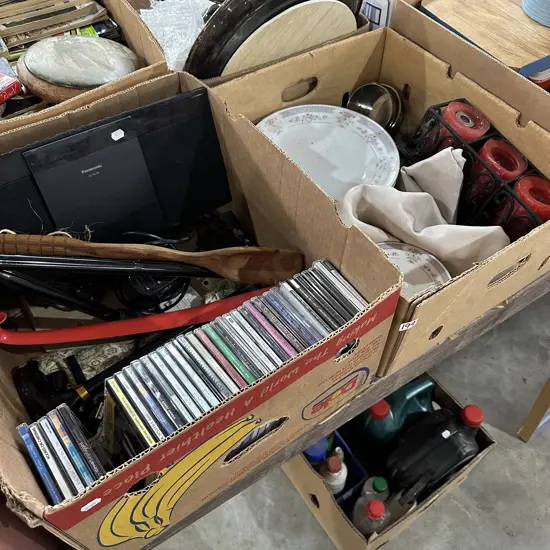 2 box walking sticks CDs etc