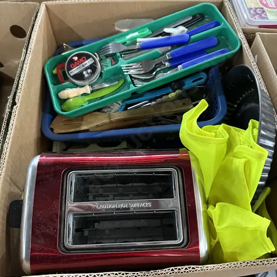 Brass cat, utensils etc