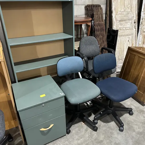 Bookshelf, mobile & 3 office chairs