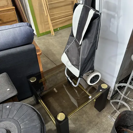 coffee table and shopping trolley