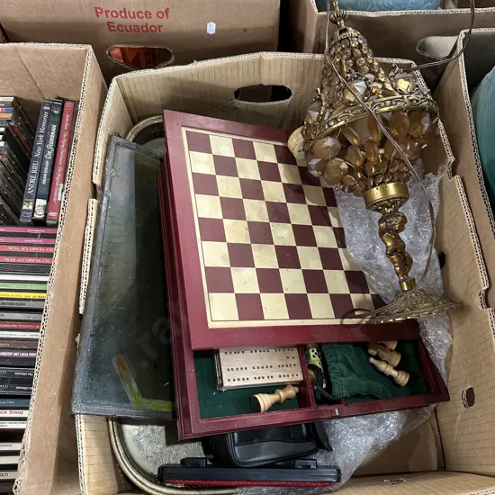 Chess set, vintage lamp etc