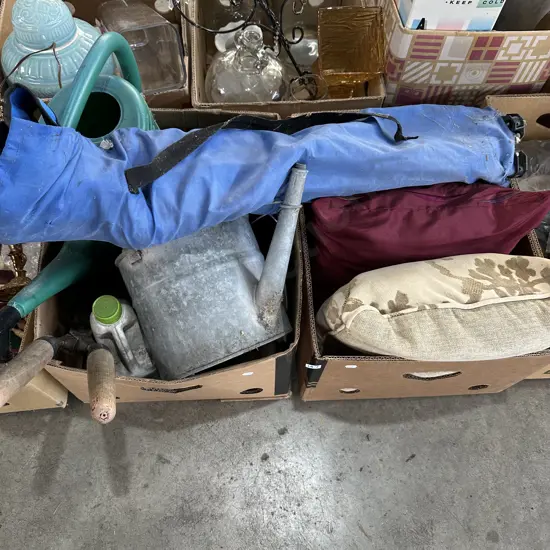 2 box cushions and gardenware