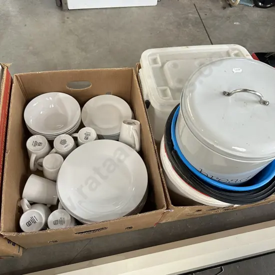 2 box dinnerware and buckets