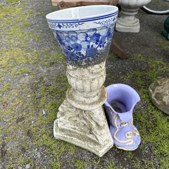 base from broken concrete planter, pot and shoe