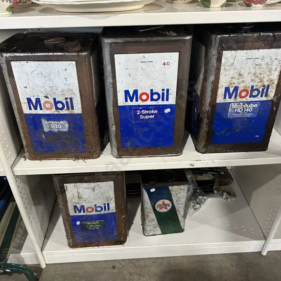 Caltex and Mobil tins plus cooker