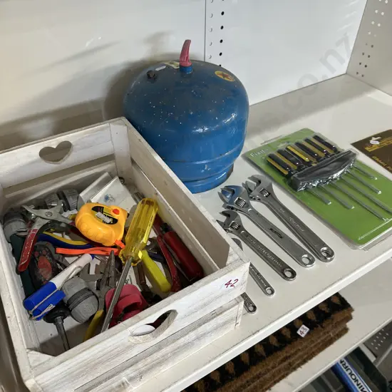 Shelf lot tools and gas bottle