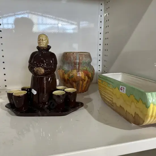 2 x Art Deco vases plus Monk decanter