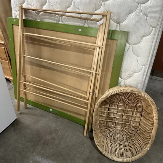 Pin board, average clothes horse, pet basket