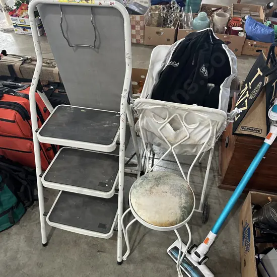 Steps, iron board, chair etc