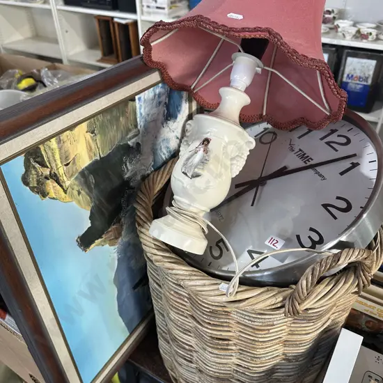 Basket, lamp, clock and painting, heater
