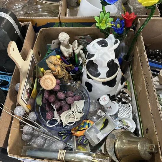 Brass bell, glass flowers etc