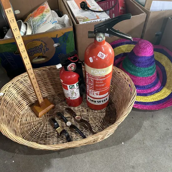 Watches, extinguishers, basket and hat