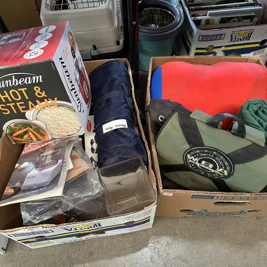 2 box Kitchen wiz, wine glasses, rice cooker , sleeping bags