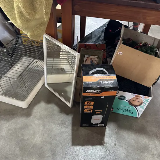 Cage, mirror, books, decorations netting & as new sprayer