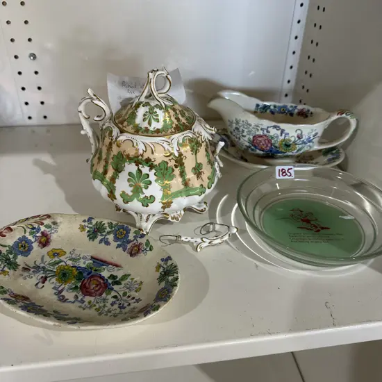 Masons, Glass advertising bowl and repaired pot