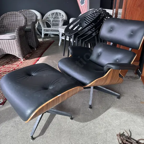Eames style leather/plywood chair & foot rest (reproduction)