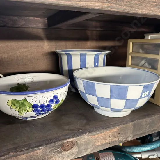 Blue and white bowls and planter