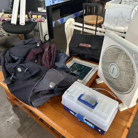 Tackle box,fan,bags,suitecase and picture