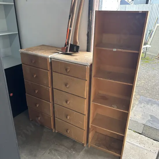 garage shelf, 2 sets of drawers and 3 folding chairs
