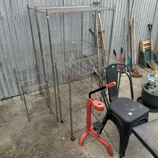 2 chairs, device, garage shelves