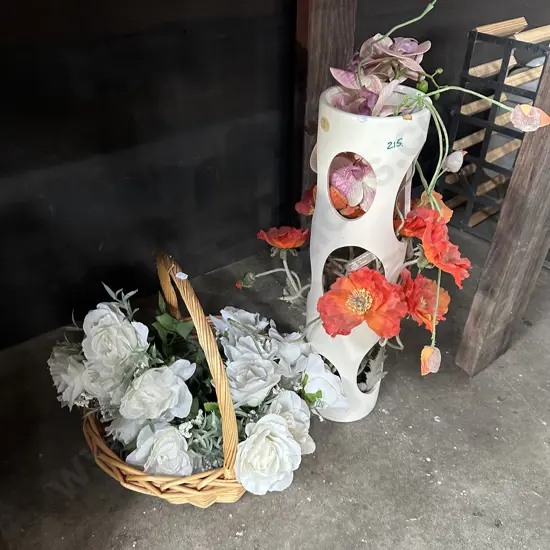 vase and basket of flowers