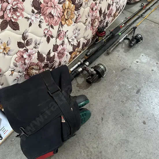 waders, fishing rods