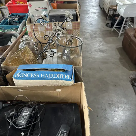 3 box glass vases etc