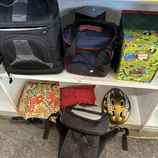 2 shelves of bags etc